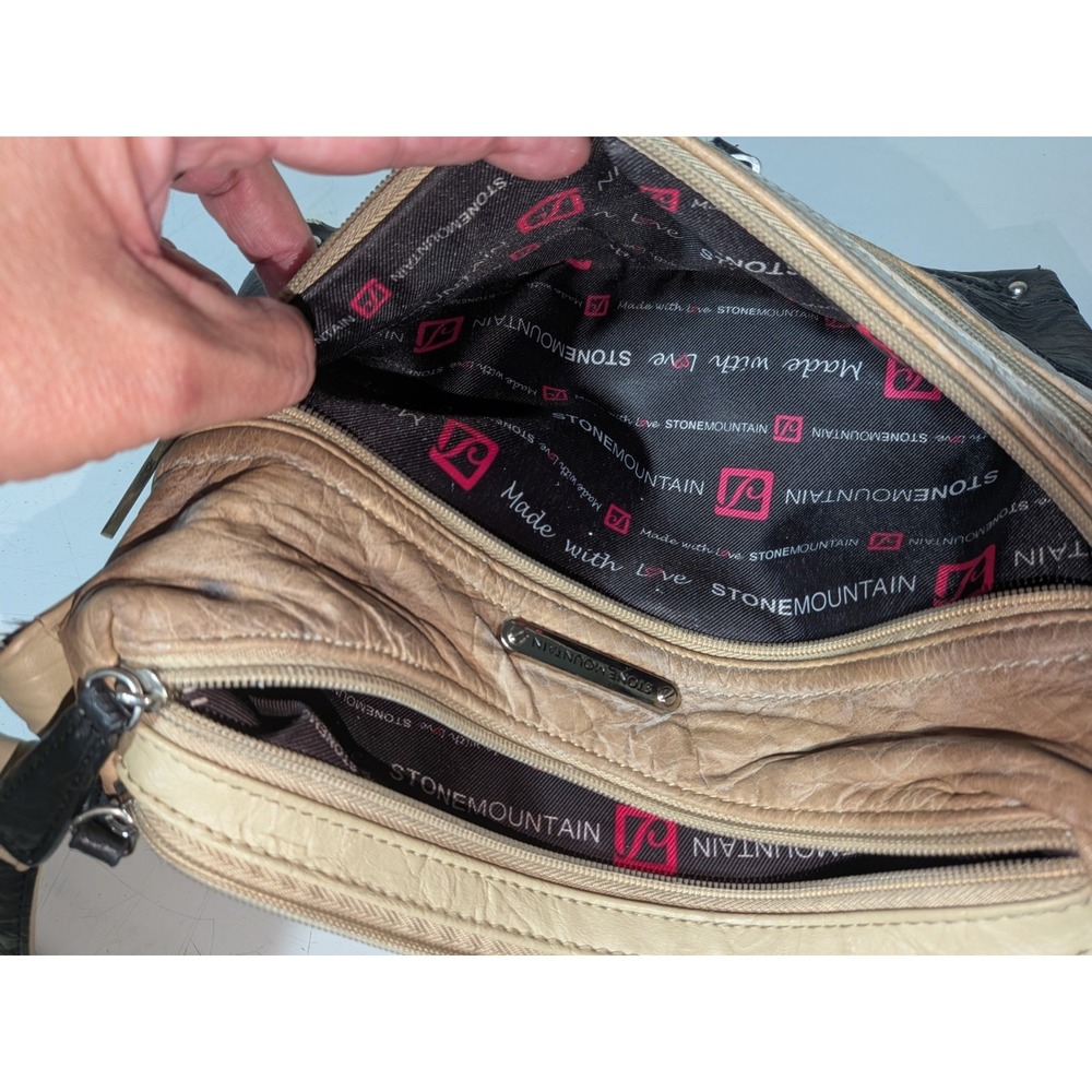 Stone Mountain Colorblock Shoulder Bag Black/Beige Zip Pockets Silver Hardware - Picture 6 of 16